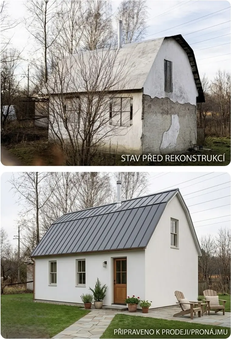 Domek před rekonstrukcí a po přípravě k pronájmu